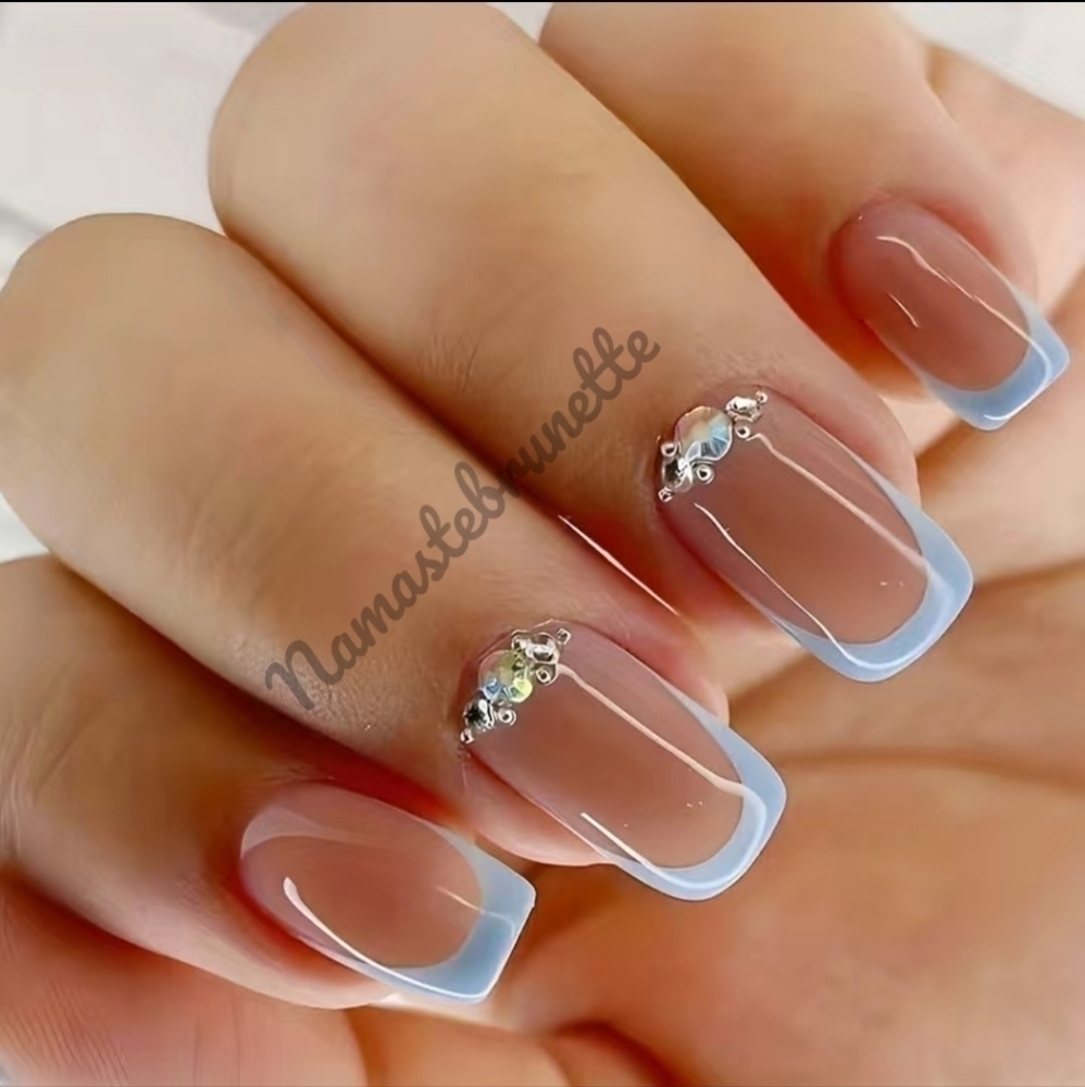 2/$16 Rhinestone Blue French Manicure Press On Nails